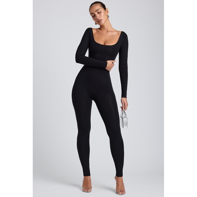 Modal Scoop-Neck Cross-Back Jumpsuit in Black