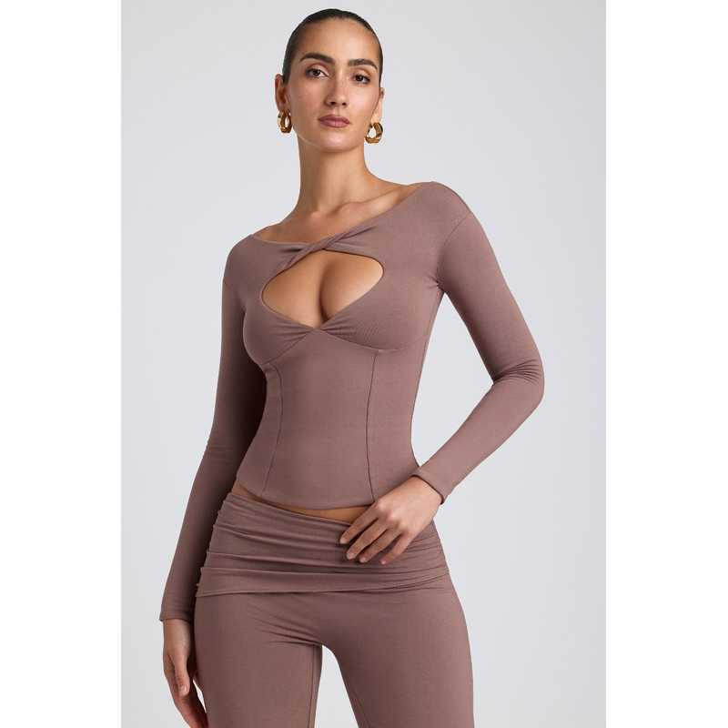 Modal Twist-Front Long-Sleeve Crop Top in Taupe