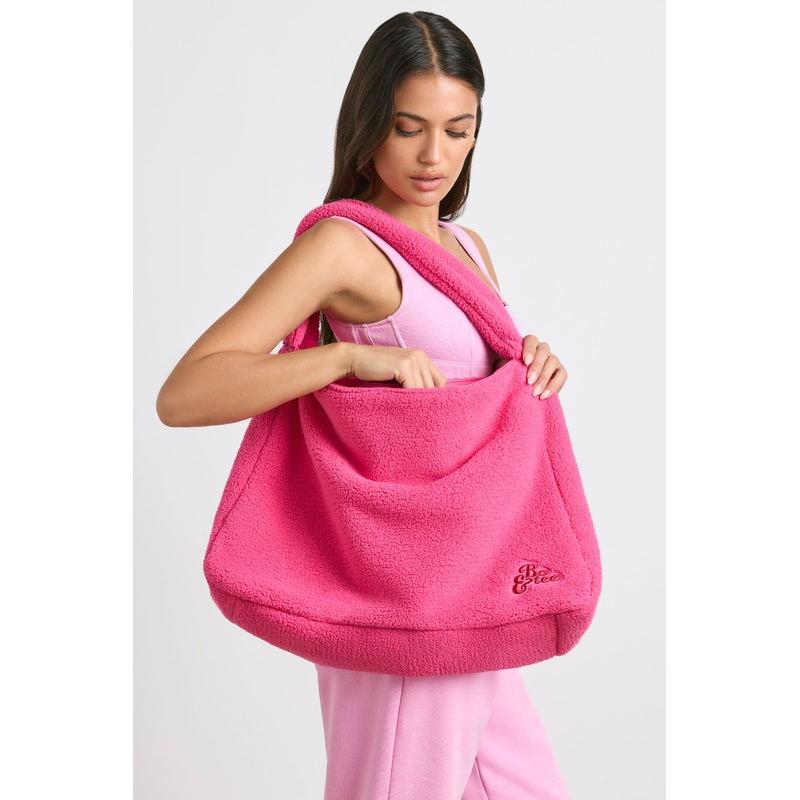 Oversized Fleece Tote Bag in Hot Pink
