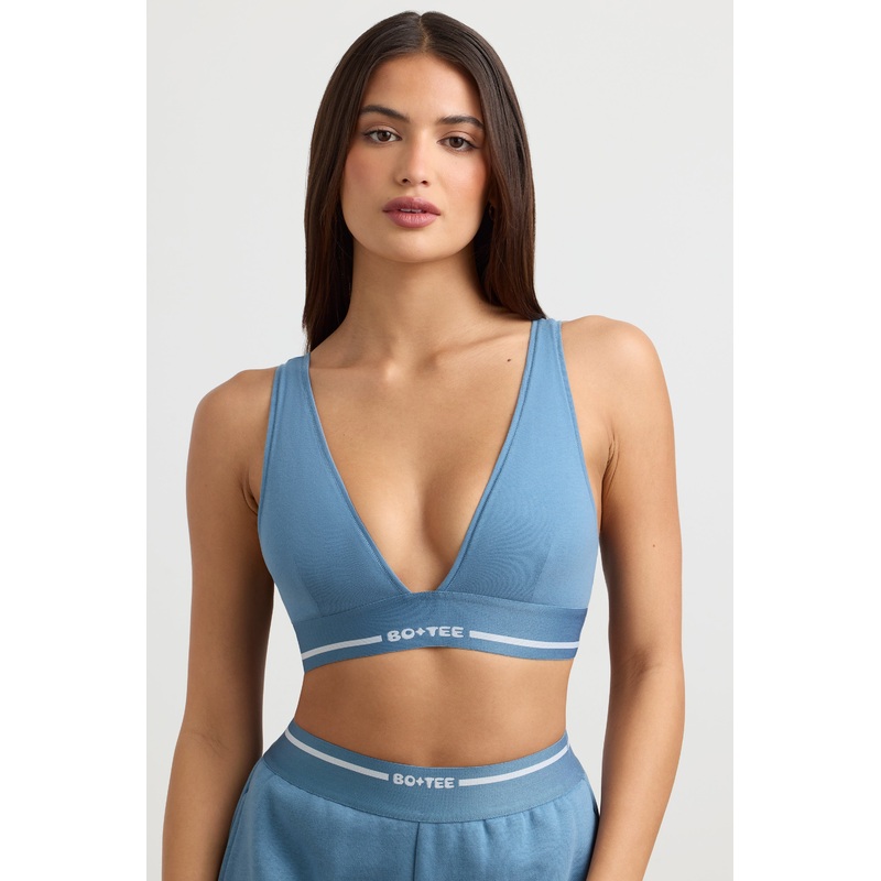 Plunge-Neck Crop Top in Steel Blue