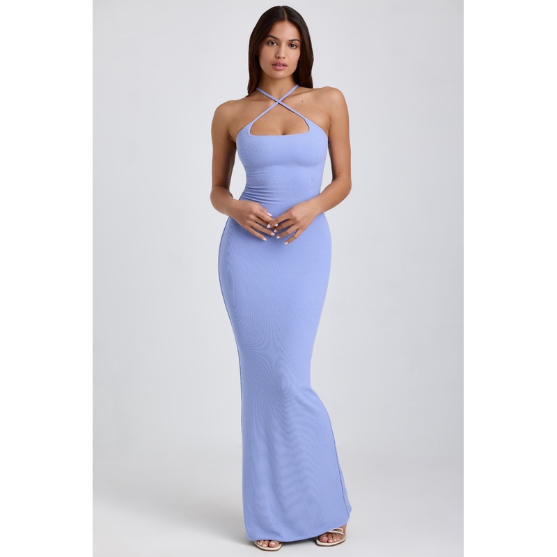 Ribbed Modal Halterneck Maxi Dress in Bluebell