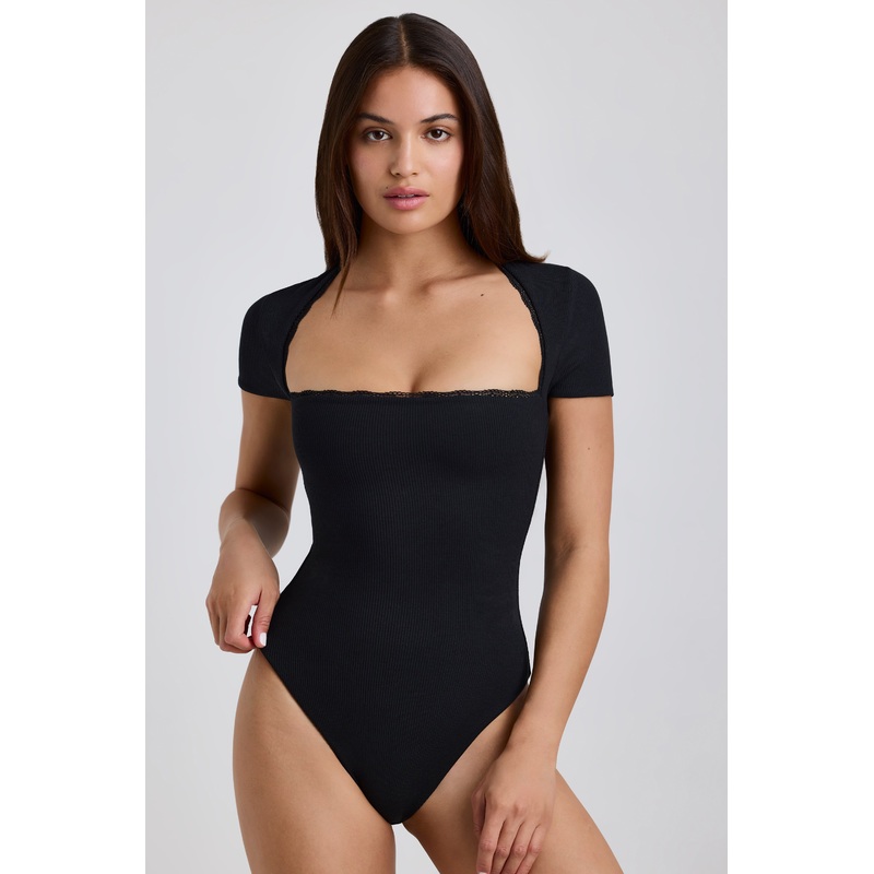 Ribbed Modal Lace-Trim Bodysuit in Black