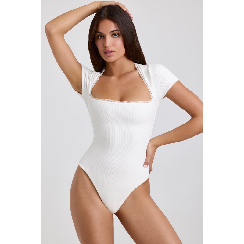Ribbed Modal Lace-Trim Bodysuit in White