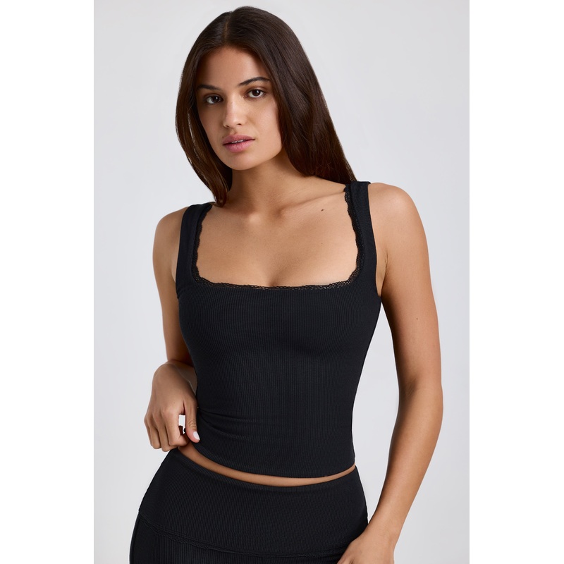 Ribbed Modal Lace-Trim Tank Top in Black