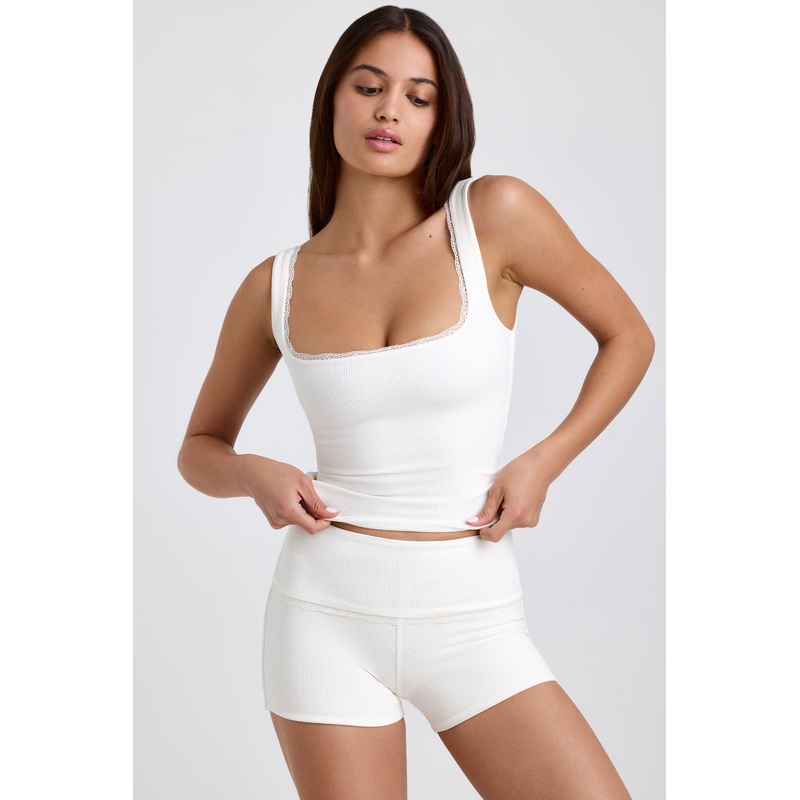 Ribbed Modal Lace-Trim Tank Top in White