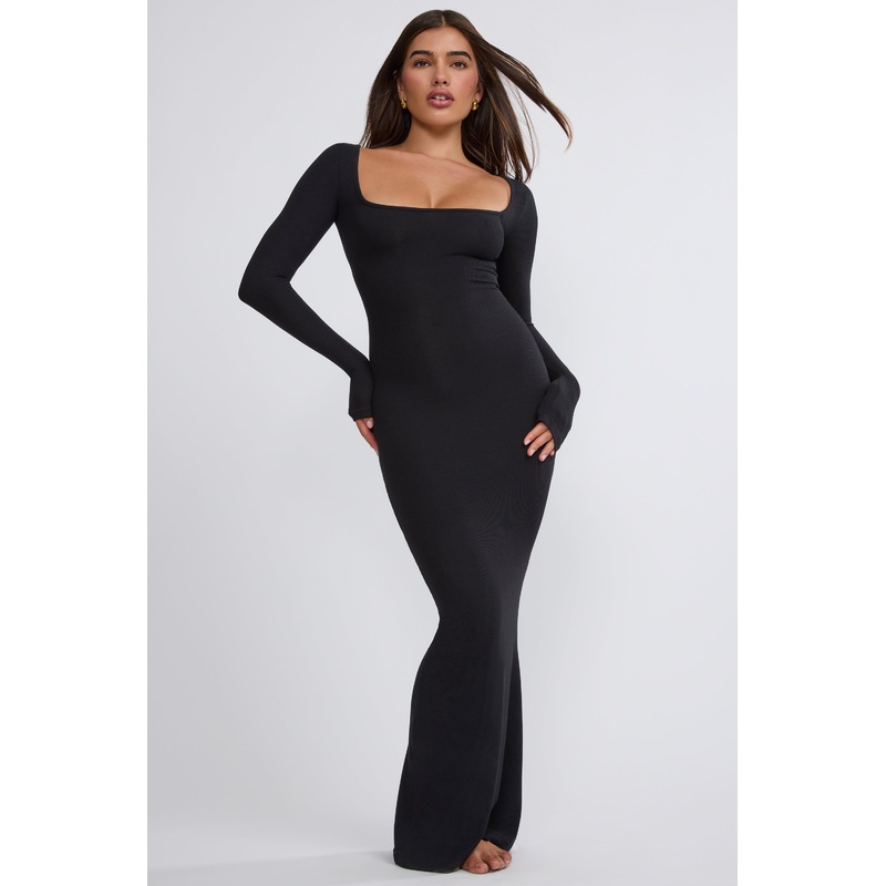 Ribbed Modal Long Sleeve Maxi Dress in Black