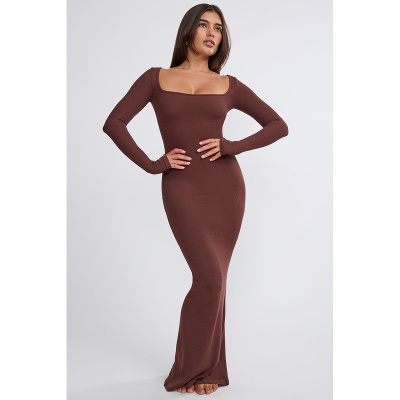 Ribbed Modal Long Sleeve Maxi Dress in Chocolate