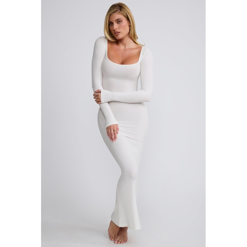 Ribbed Modal Long Sleeve Maxi Dress in White