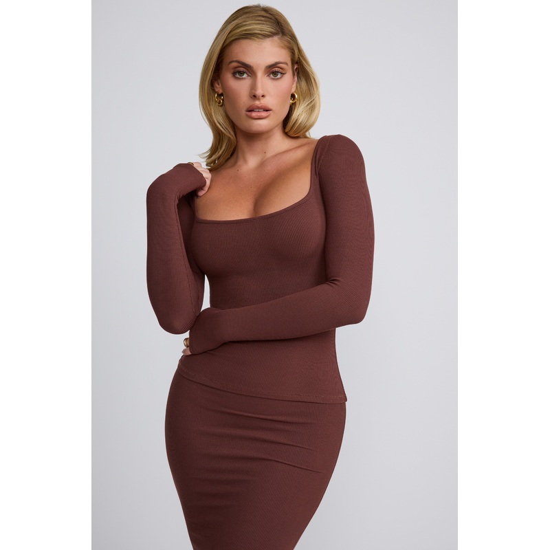 Ribbed Modal  Long Sleeve Top in Chocolate