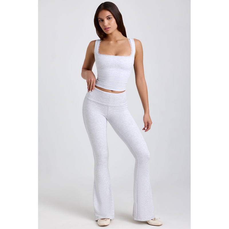 Ribbed Modal Mid-Rise Foldover Flared Trousers in Grey