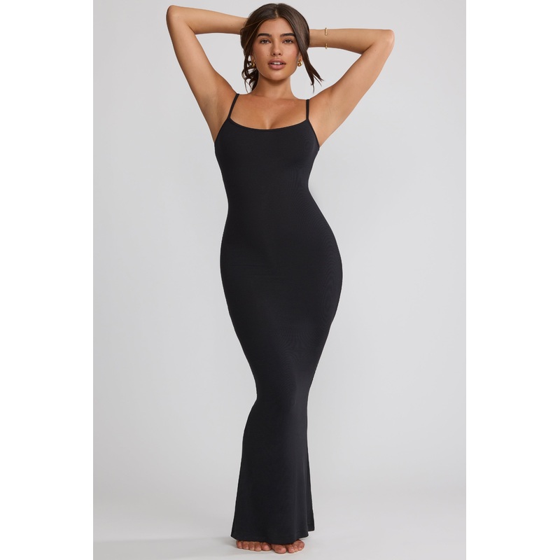 Ribbed Modal Square Neck Maxi Dress in Black