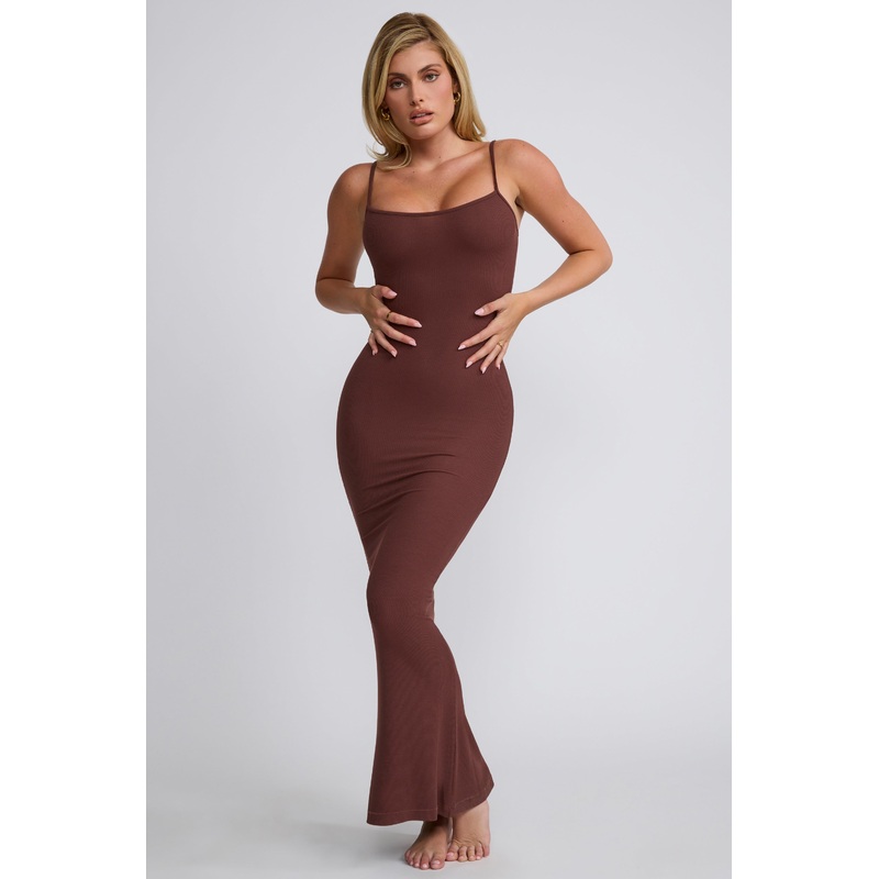 Ribbed Modal Square Neck Maxi Dress in Chocolate