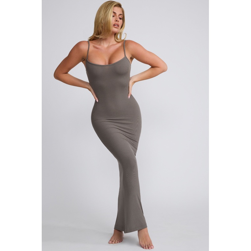 Ribbed Modal Square Neck Maxi Dress in Grey