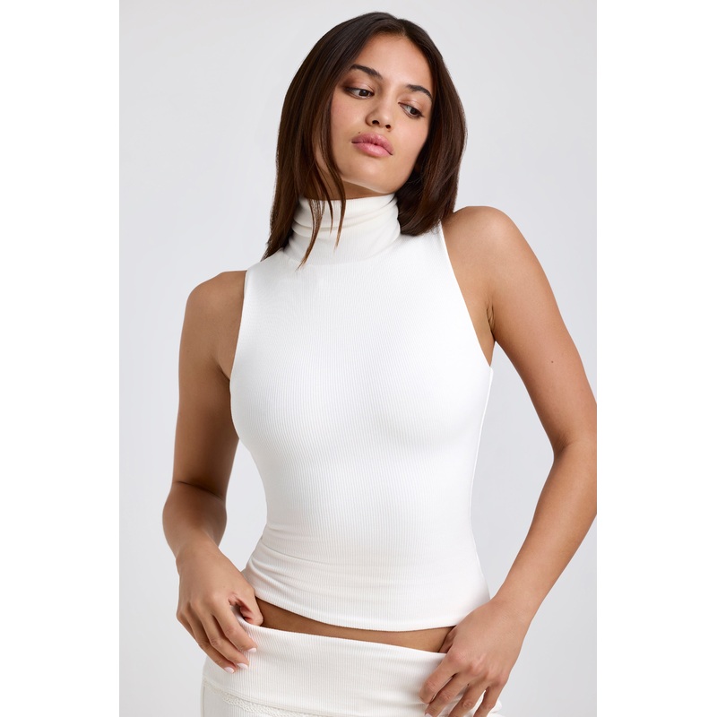 Ribbed Modal Turtleneck Tank Top in White