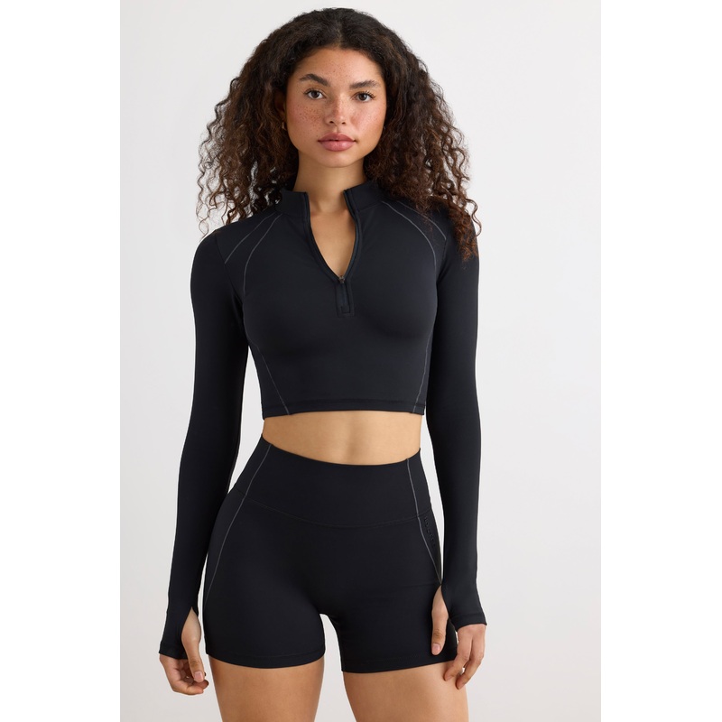 Soft Active Half Zip Crop Top in Black