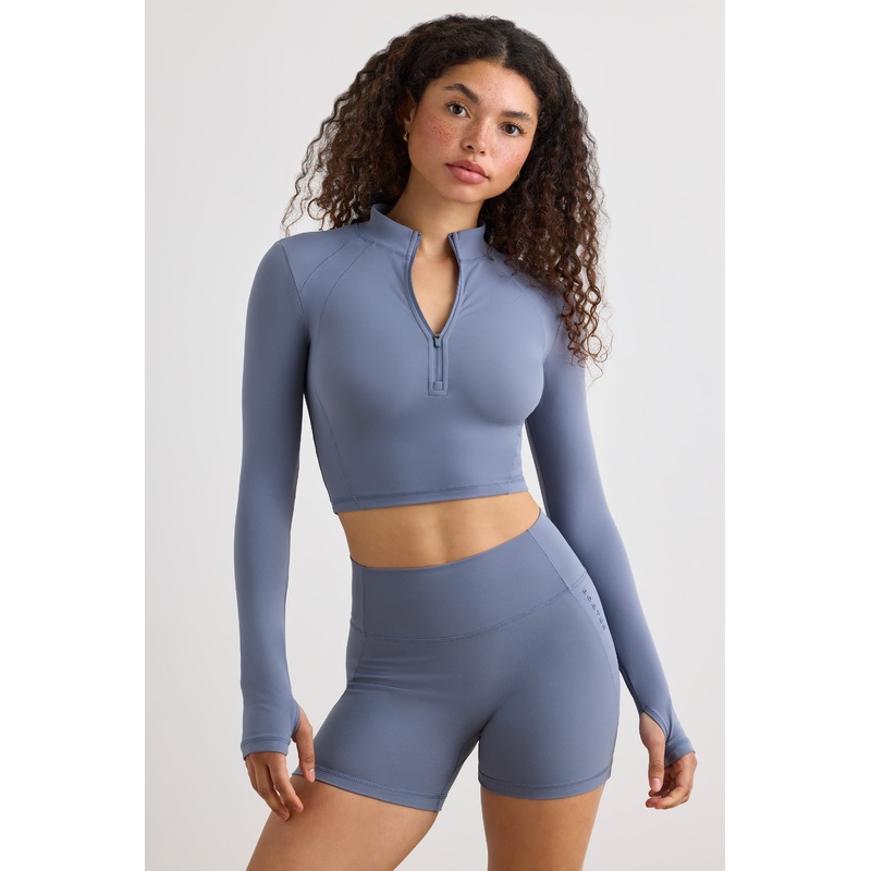 Soft Active Half Zip Crop Top in Slate Grey