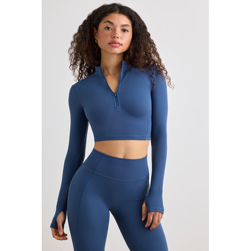 Soft Active Half Zip Crop Top in Washed Navy