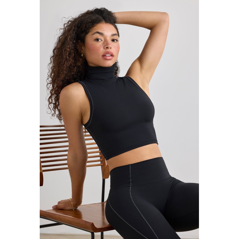Soft Active Turtleneck Tank Top in Black