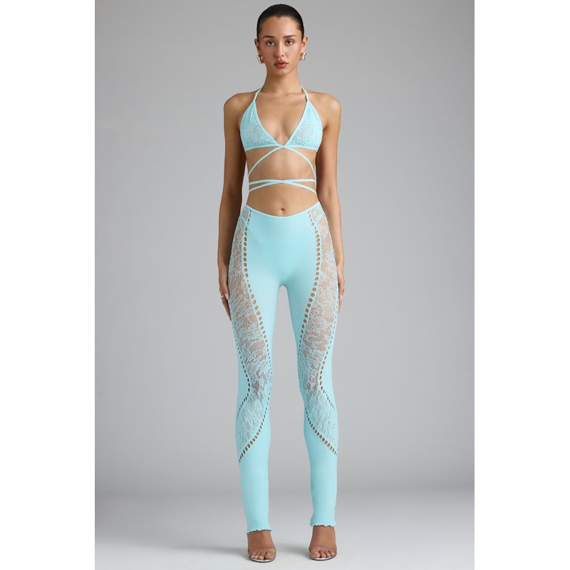 Tall Embellished Mid-Rise Flared Trousers in Ice Blue