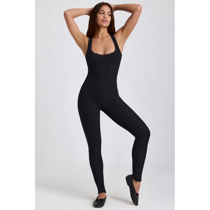 Tall Ribbed Modal Lace-Trim Jumpsuit in Black