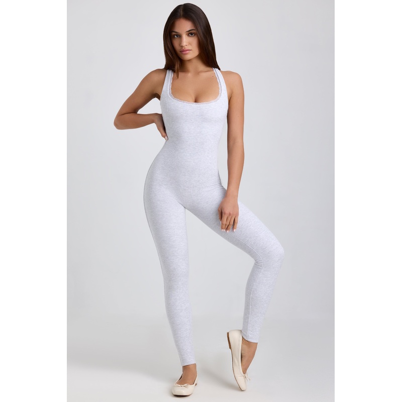 Tall Ribbed Modal Lace-Trim Jumpsuit in Grey