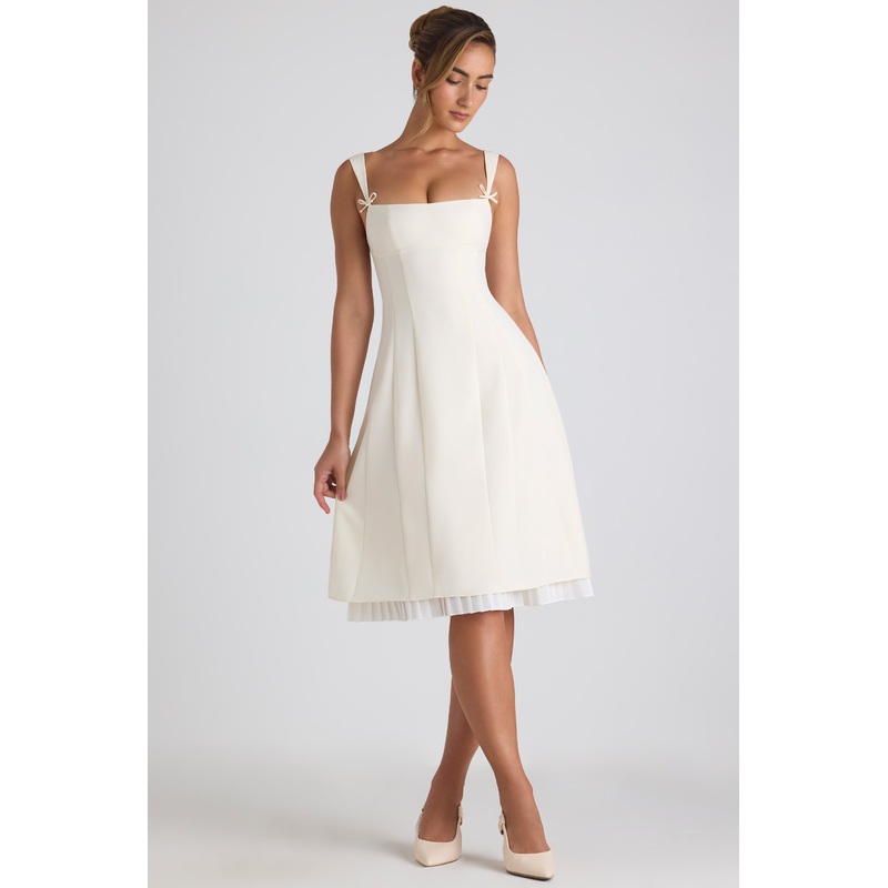 Bow-Detail Pleated A-Line Midi Dress in Ivory