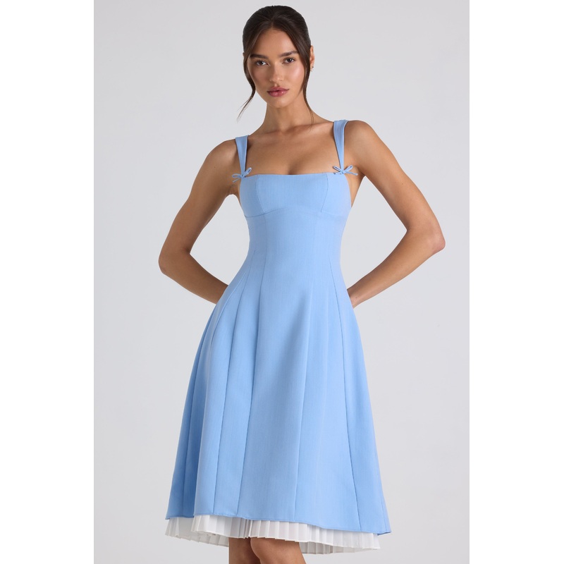 Bow-Detail Pleated A-Line Midi Dress in Sky Blue