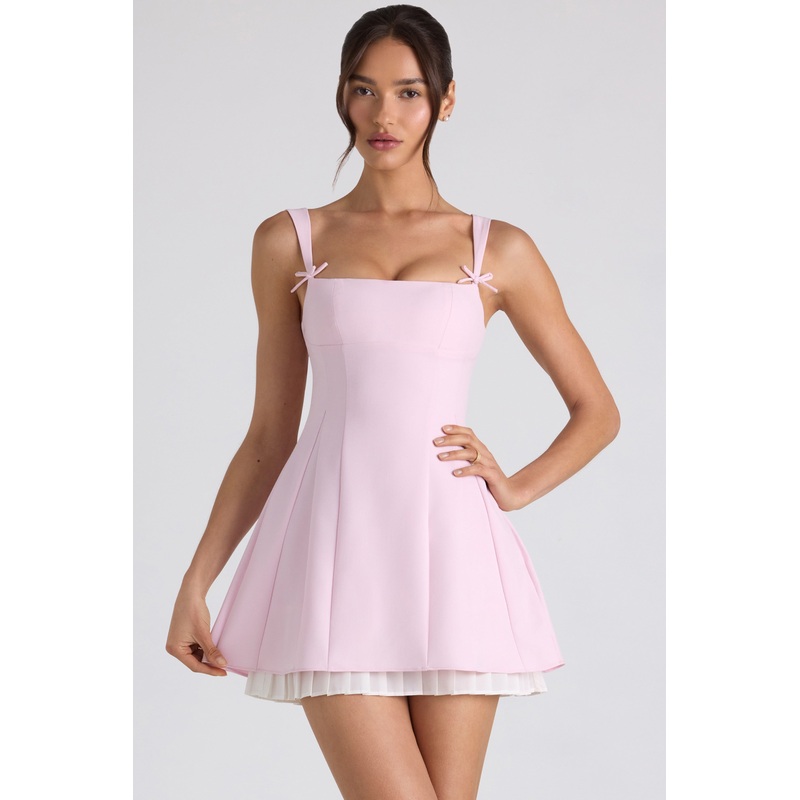 Bow-Detail Pleated A-Line Mini Dress in Soft Pink