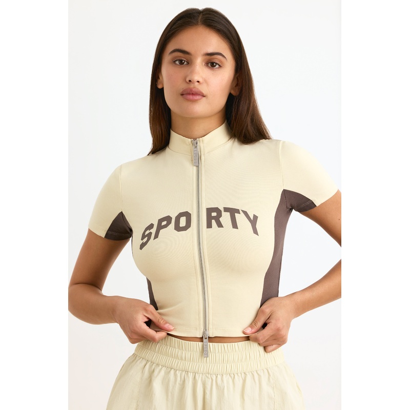 Colourblock Zip-Up Crop Top in Bone
