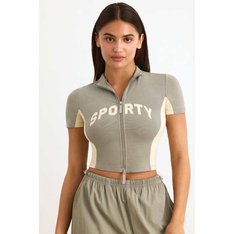 Colourblock Zip-Up Crop Top in Mineral