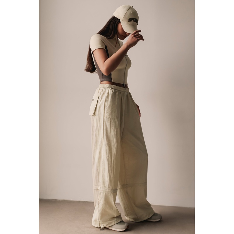 Convertible Wide Leg Track Pants in Bone