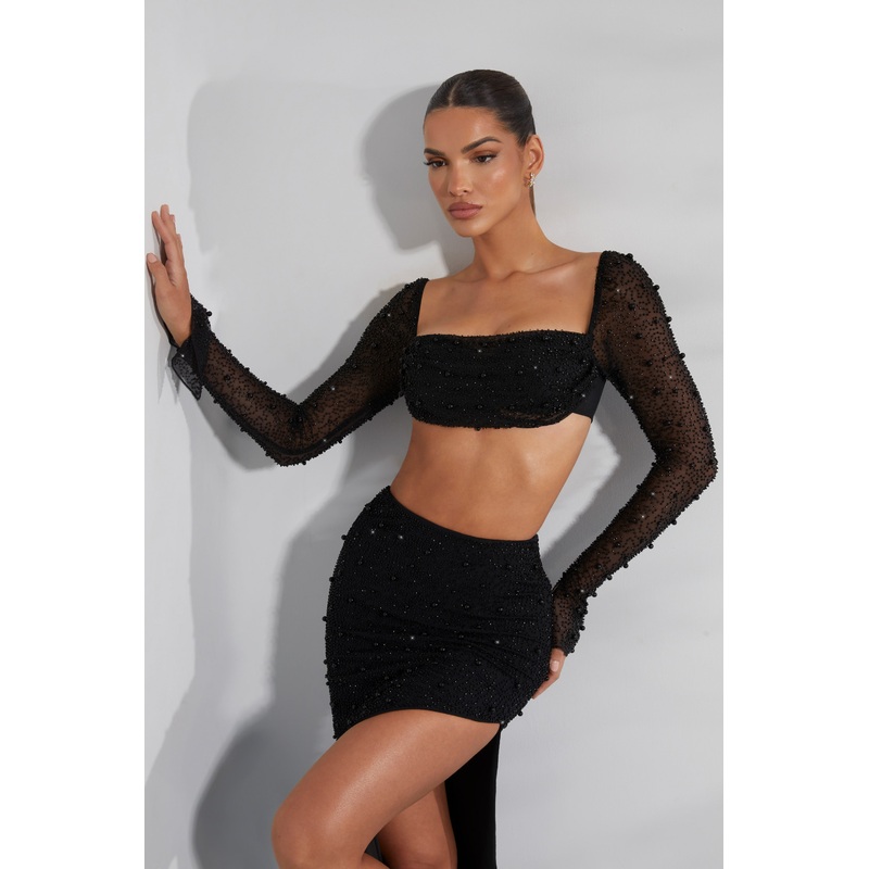 Embellished Cowl-Neck Crop Top in Black