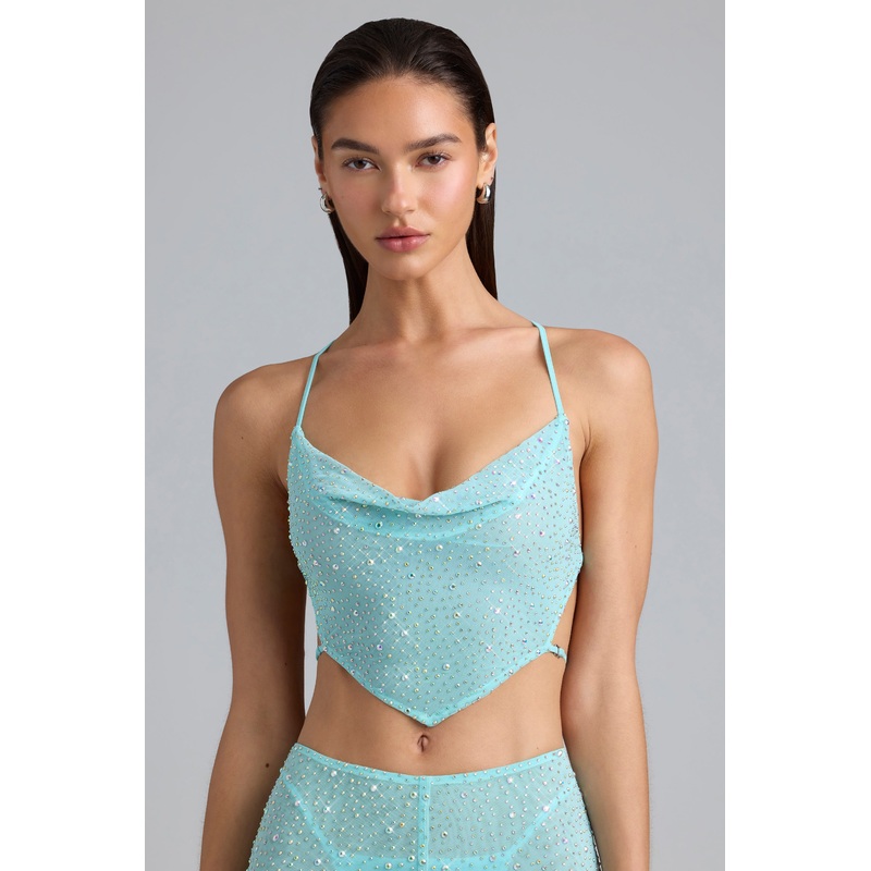 Embellished Cowl-Neck Crop Top in Ice Blue