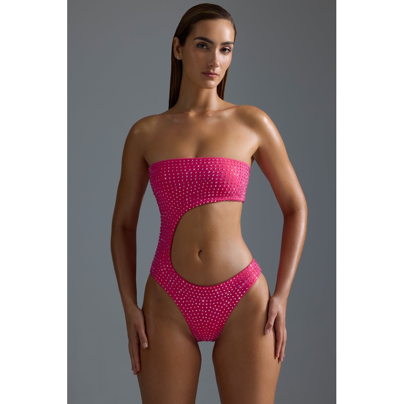Embellished Cut-Out Cheeky One-Piece Swimsuit in Raspberry Sorbet