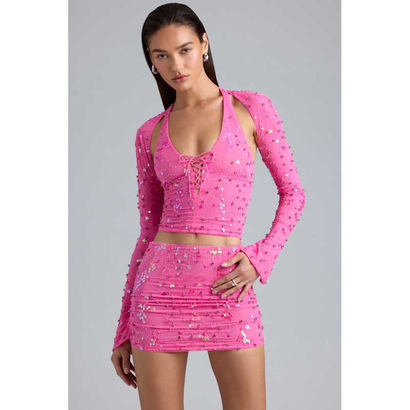 Embellished Cut-Out Halterneck Top in Bubblegum Pink