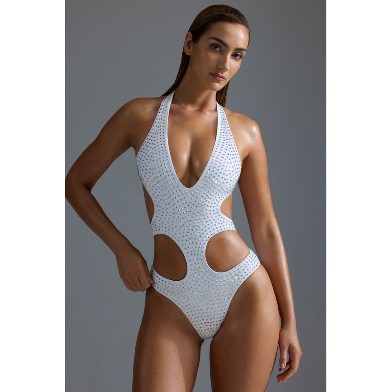 Embellished Cut-Out One-Piece Swimsuit in White