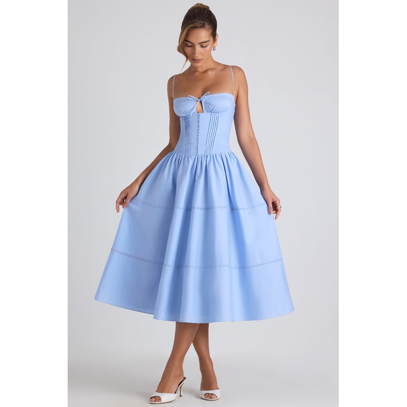 Lace-Trim Pintucked Poplin Midaxi Dress in Sky Blue