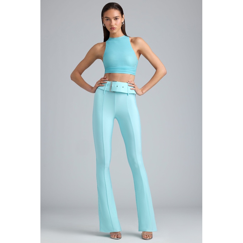 Metallic Belted Mid-Rise Flared Trousers in Ice Blue