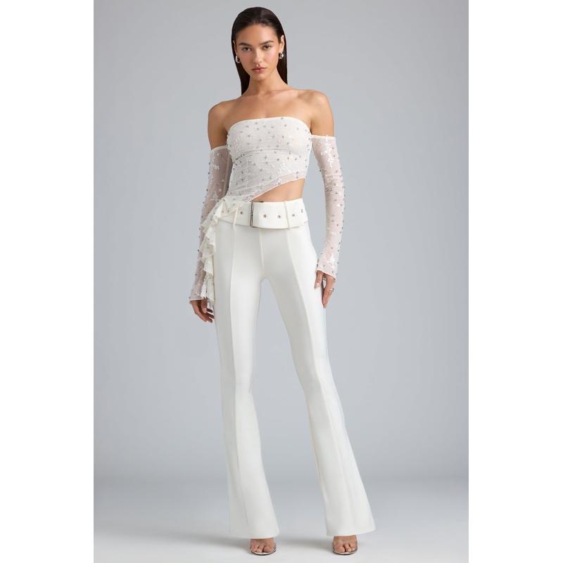 Metallic Belted Mid-Rise Flared Trousers in Ivory