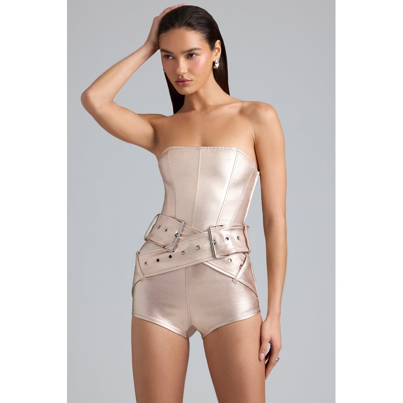 Metallic Denim Belted Corset Playsuit in Champagne