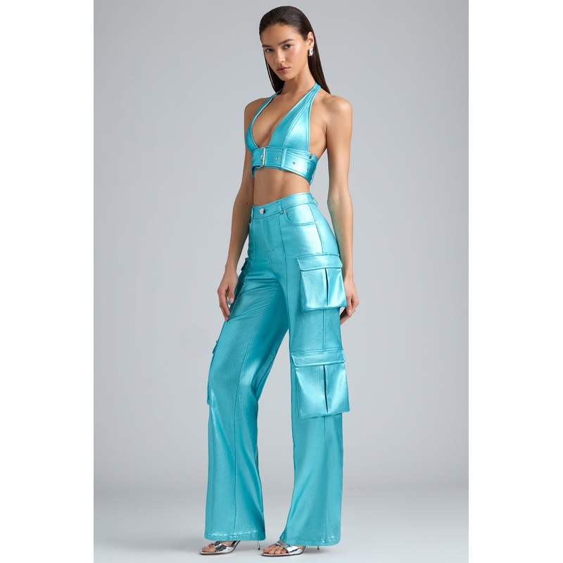 Metallic Denim Cargo Trousers in Aqua