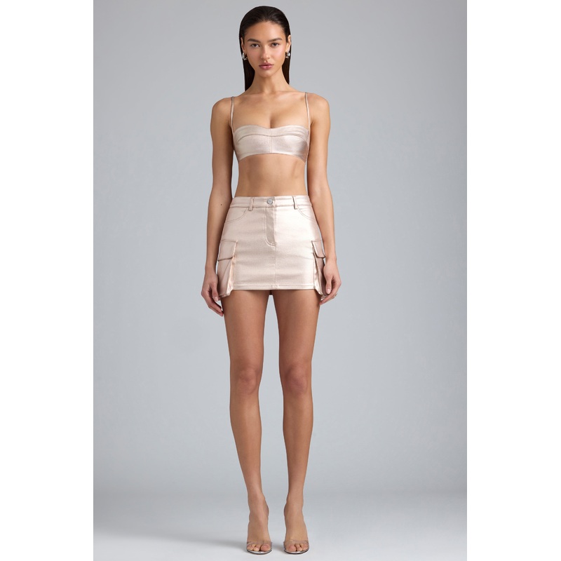 Metallic Denim Mid-Rise Cargo Mini Skirt in Champagne