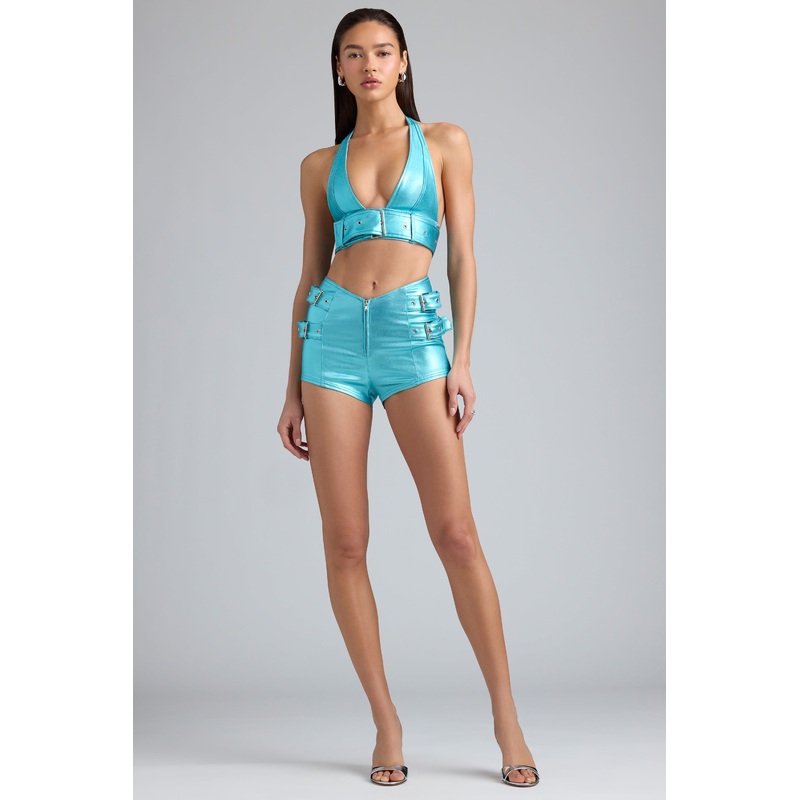 Metallic High-Waist Denim Shorts in Aqua