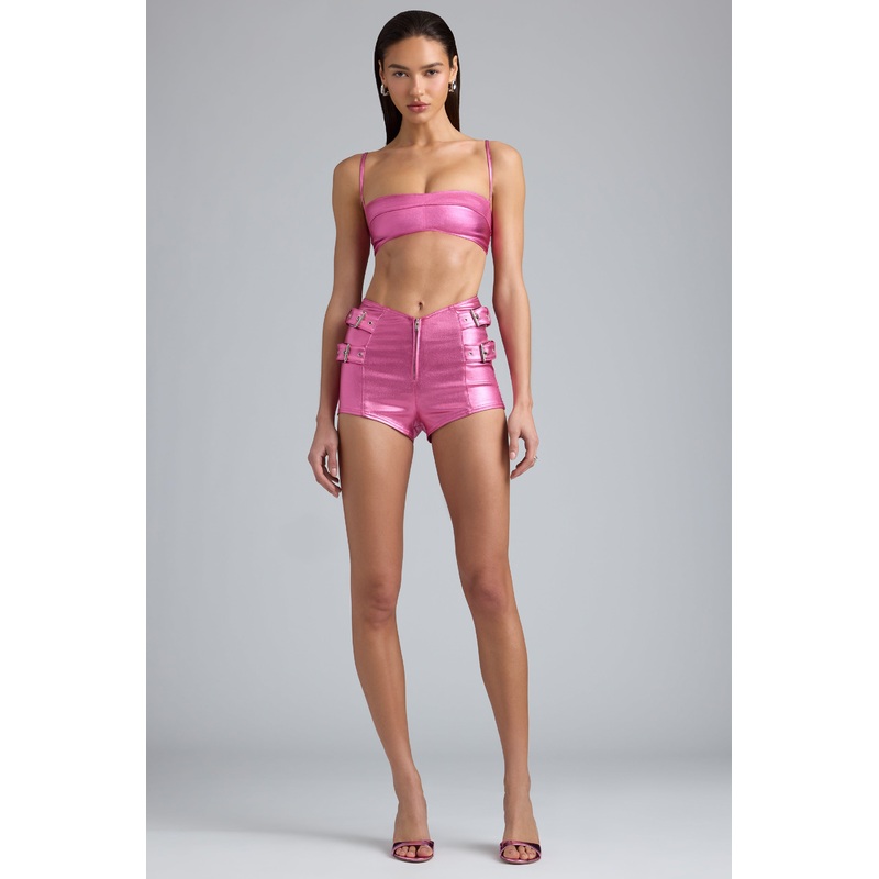 Metallic High-Waist Denim Shorts in Deep Pink