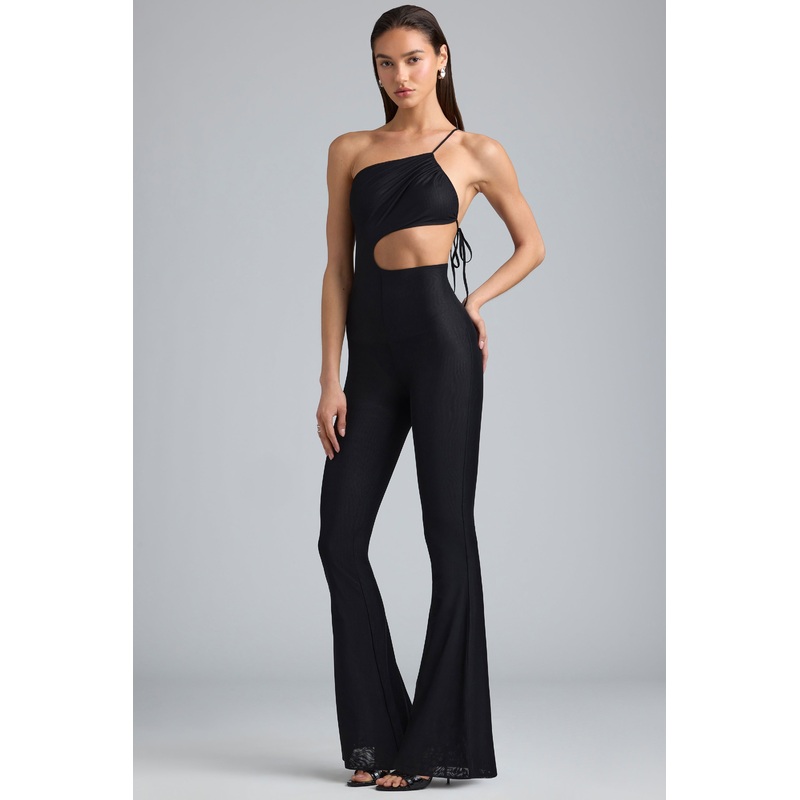 Metallic Ruched Cut-Out Flared Jumpsuit in Black