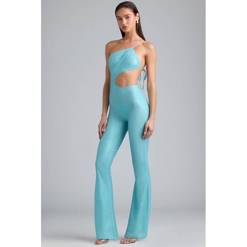 Metallic Ruched Cut-Out Flared Jumpsuit in Ice Blue