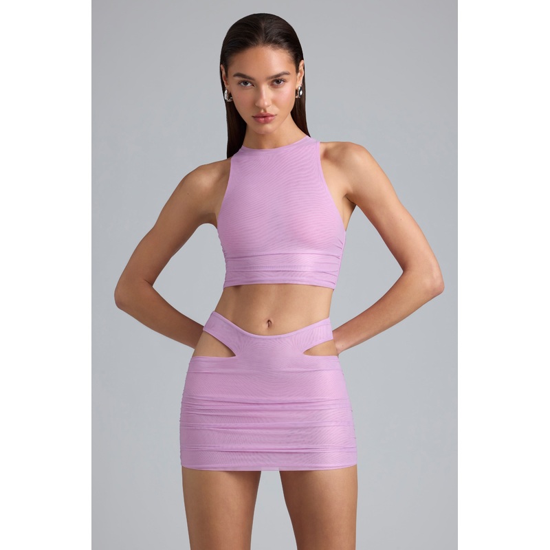 Metallic Ruched High-Neck Top in Violet Pink