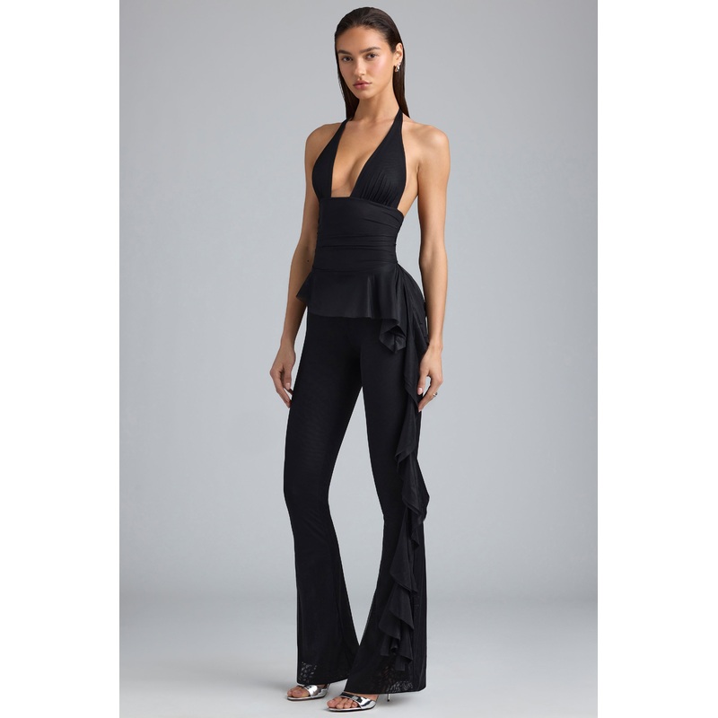 Metallic Ruffle Low-Rise Flared Trousers in Black