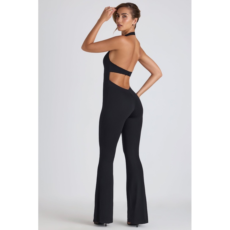 Modal Lace-Trim Cut-Out Flared Jumpsuit in Black