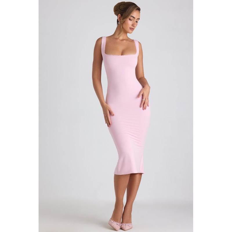 Modal Lace-Trim Midaxi Dress in Soft Pink